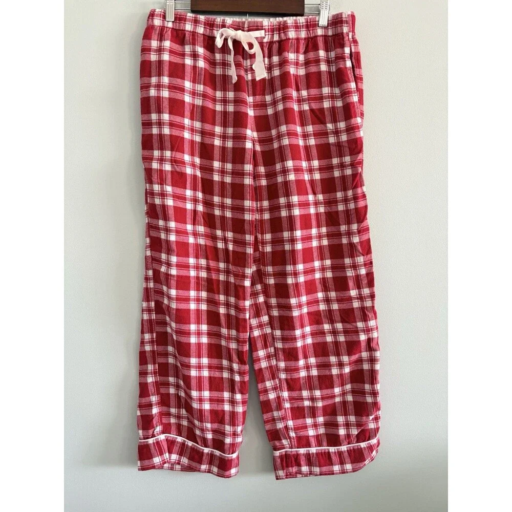 J. Crew Flannel Plaid Pajamas Red White Plaid Womens Medium Holidays Christmas